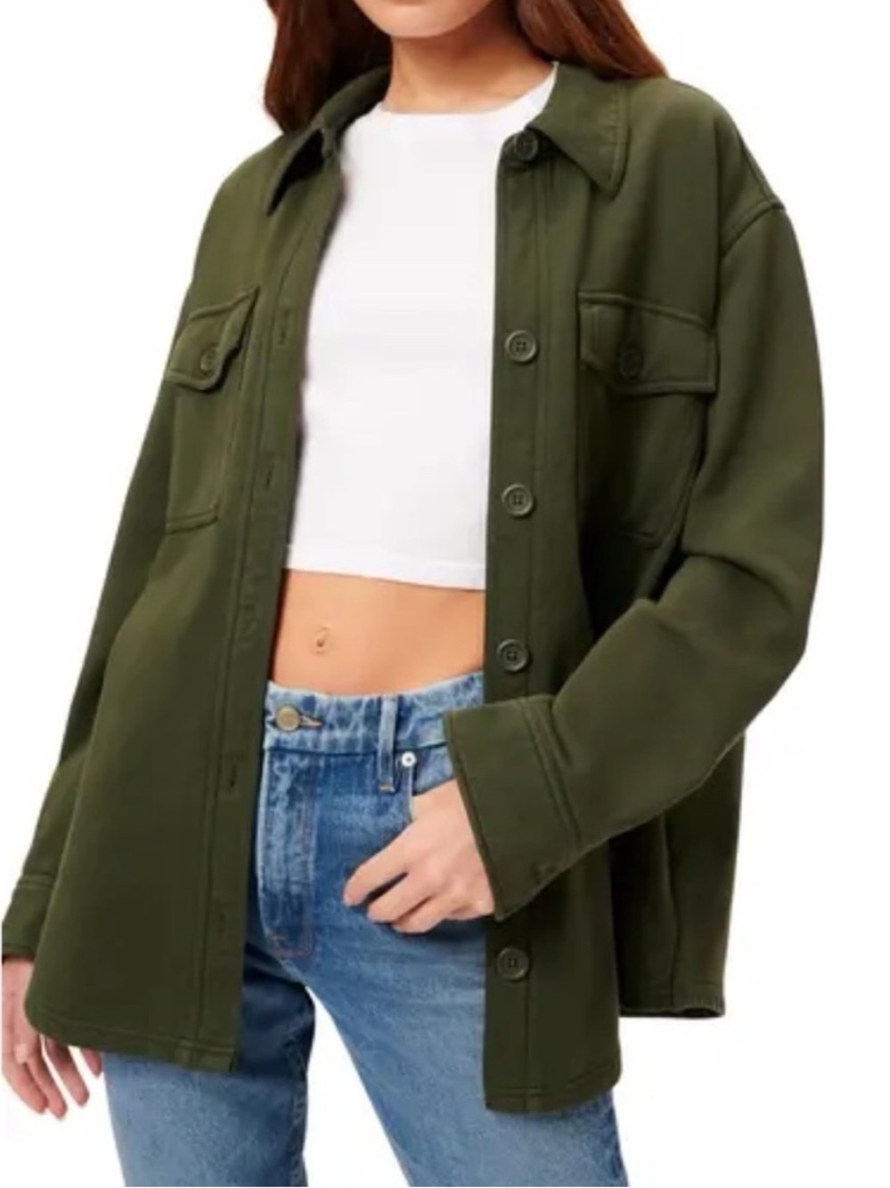 Good American Olive/Hunter Green Oversized Sweatshirt Jacket Shacket sz L (3/4)